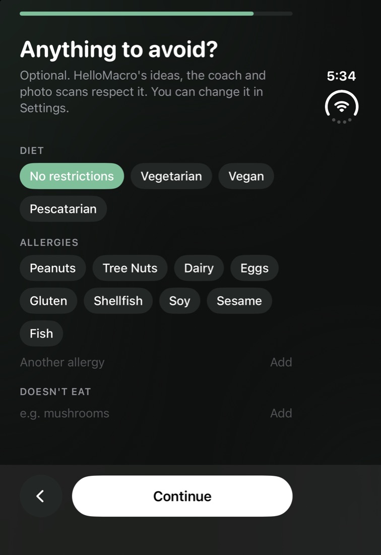 iPhone Duo closed: diet and allergy preferences