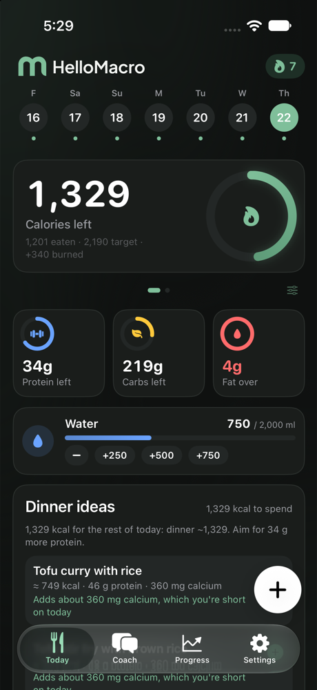 HelloMacro's Today screen: 1,329 calories left, protein, carbs and fat tiles, water and recent meals